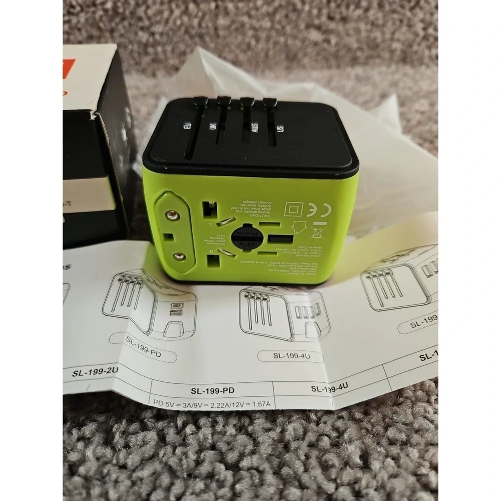 Travel Adapter With USB Green -NEW